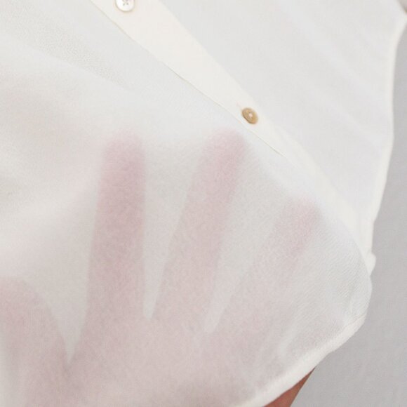 Aritzia Wilfred Ruffle High Neck Button Front Blouse Shirt S Cream Semi Sheer - Picture 14 of 15